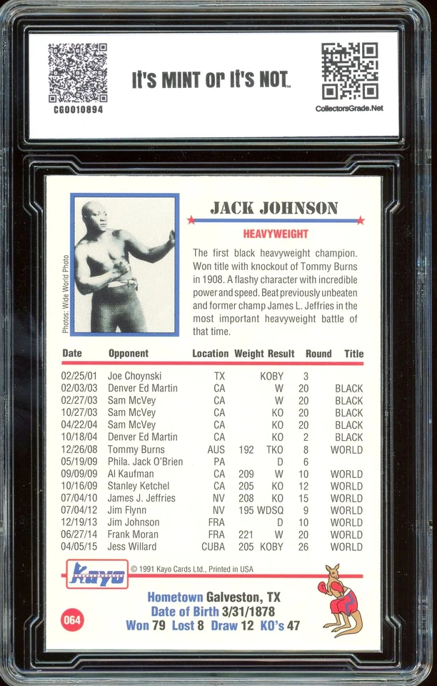 1991 Kayo Boxing #064 Jack Johnson ~ GRADED CG 10 PRISTINE - Image 2 of 2