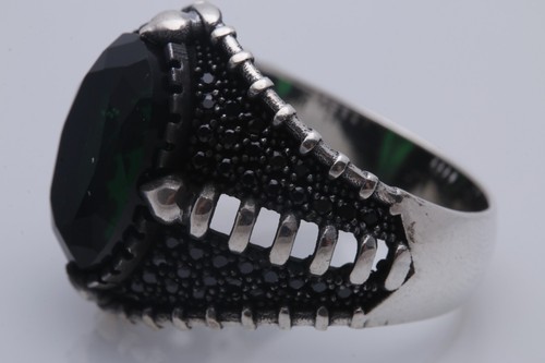 Turkish Style Handmade Jewelry Oval Shape Emerald 925 Sterling Silver Men's Ring - Picture 4 of 9