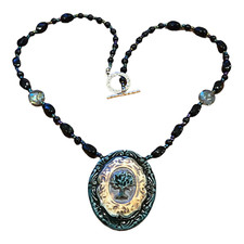 Handcrafted Necklace Glass Beads Ceramic Pendant 1 7/8" Necklace 19"