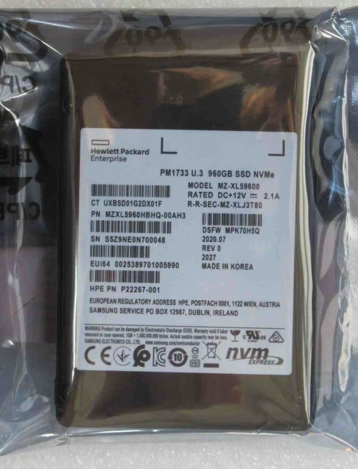 960GB SSD Samsung PM1733 U.3 MZ-XL59600 NVME PCIE MZXL5960HBHQ-00AH3 HPE