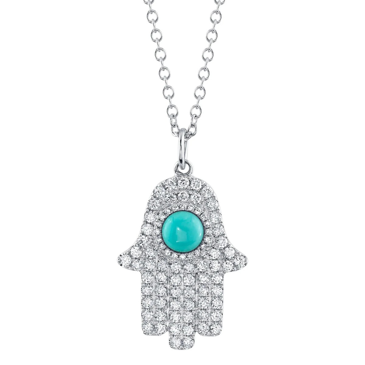14K White Gold Diamond Turquoise Hamsa Necklace CTW