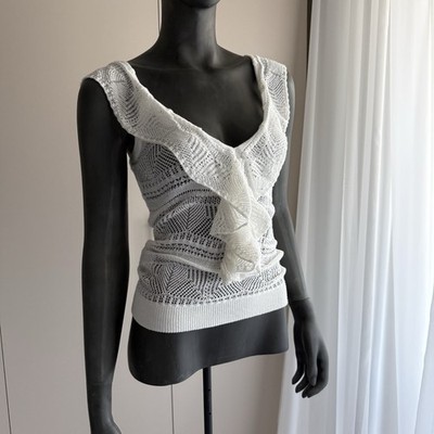 Mango Knit Top Ivory XS Ruffle Front Cami Chrochet Design Boho Bohemian Summer