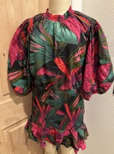 Farm Rio Dress Womens L Midnight Leaves Mini Smocked Mock Neck Puff Sleeve**