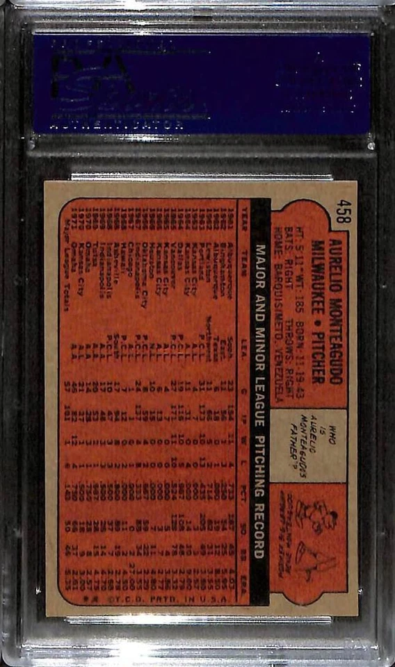 1972 Topps #458 Aurelio Monteagudo PSA 7 NM 16630089  - Image 2 of 3