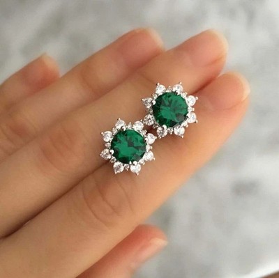 2.22Ct Round Cut Lab Created Emerald Stud Earrings 14K White Gold Plated Silver