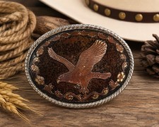 Vintage W USA Eagle Western Belt Buckle Oval Rope Edge Brown Enamel Made in USA