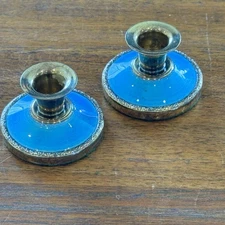 Norway Sterling Silver pair of Candlesticks blue Enameled Guilloche Hroar Prydz