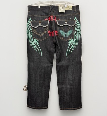 Raw Blue Jeans Mens 42x32 Dark Wash Embroidered Tribal Wings Graphic Denim Y2K