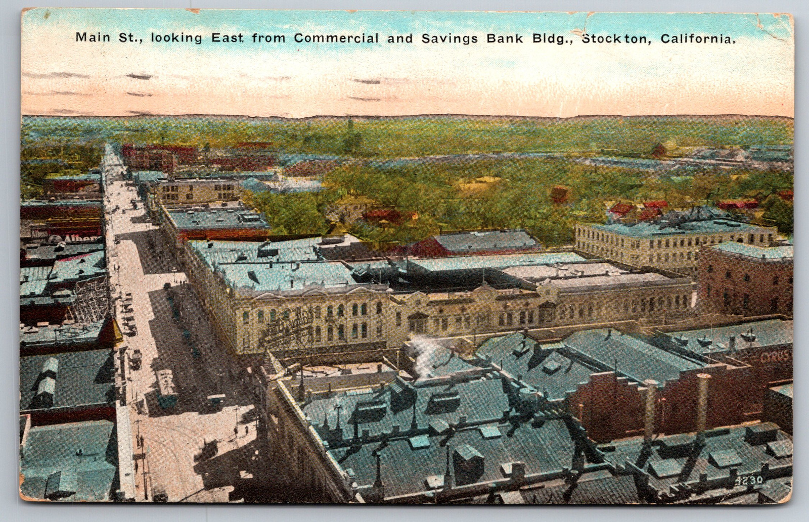 Main St Stockton CA Birdseye From Commercial & Savings Bank C1925 Postcard AA16