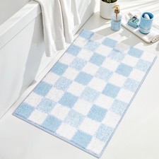 Checkered Blue Bathroom Rug NonSlip Plush Shag Absorbent Mat 36x24 Inch