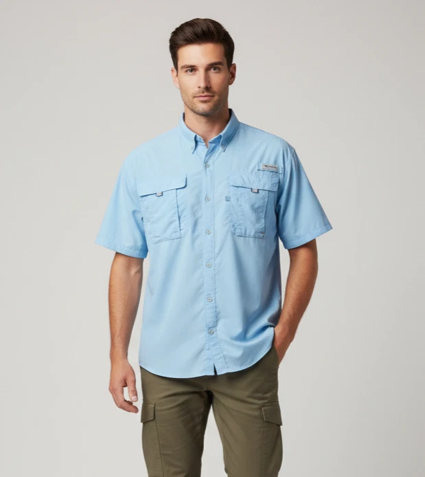 Columbia PFG Omni-Shade Mens L Light Blue Vented Quick Dry Fishing Shirt