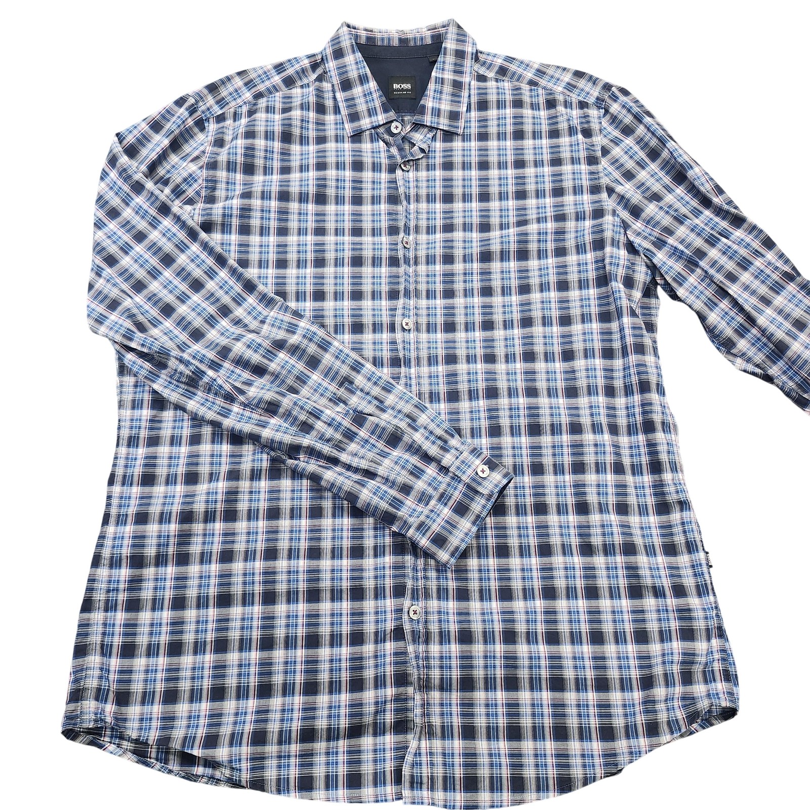 Hugo Boss Shirt Mens Large Blue Plaid Long Sleeve Button Front Regular Fit