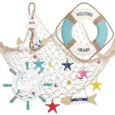 11 Pcs Wooden Nautical Wall Decor Fishing Net Decorations, Include Decorative...