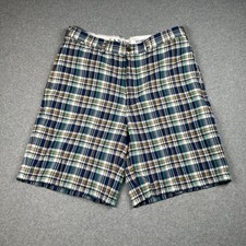 Lands' End Plaid Bermuda Shorts 32 Traditional Fit Cotton Blue Green
