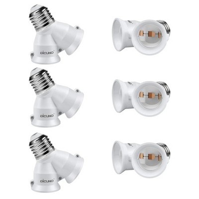 (6) Dicuno 2 in 1 E26 Socket Splitter Adapter, 2 E26 Standard Medium Base Bulbs