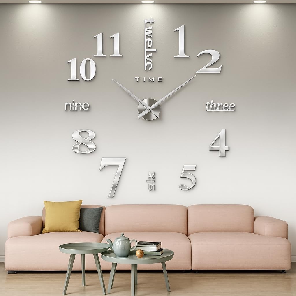 Large DIY 3D Frameless Silver Wall Clock – Oversized Modern Decor for Living ...