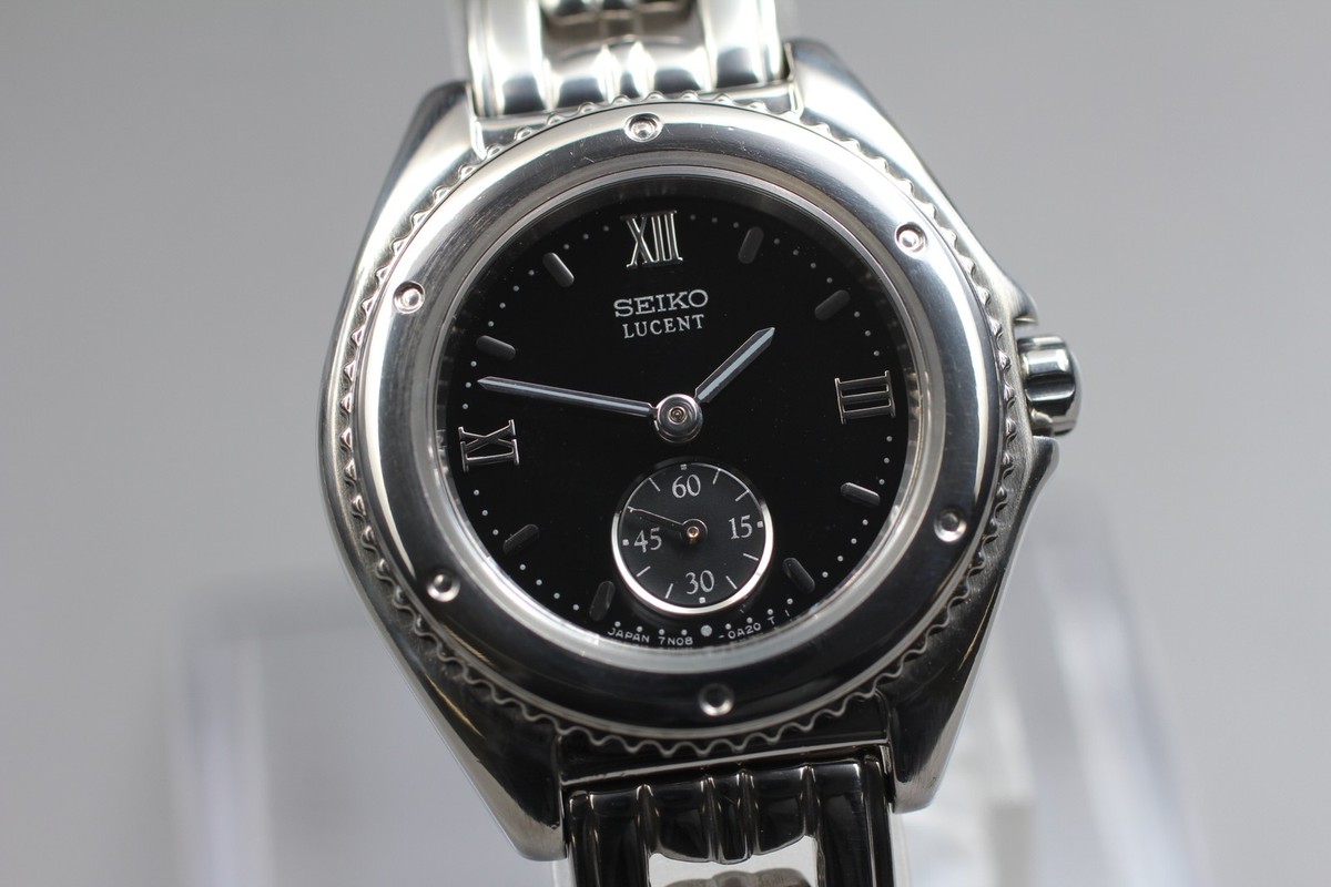時計 SEIKO. LUCENT Vtg 1995 Exc+5 Seiko Lucent 7N08-0A20 Small-Second Black Qz Womens