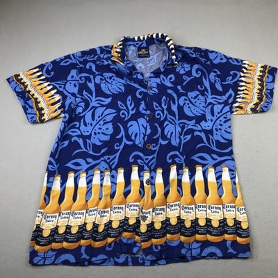 Corona Extra Hawaiian Shirt Mens XL Blue Beer Bottle Print Aloha Button Up Party