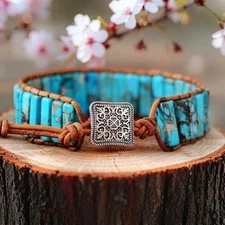 Turquoise Tube Bracelet Leather Natural Braided  for Protection Healing Handmade
