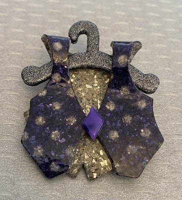 Lea Stein Paris Vest on Hanger Pin Brooch 70s Vintage Purple Silvery Glitter