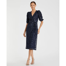 Mac Duggal NWT Sequined V-Neck Short Puff Sleeve Midi in Midnight Size 6