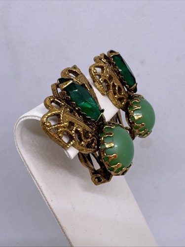 Vintage Gold Grün Mond Leuchten Strass Insekt Ohrringe Krappen Set - Bild 2 von 6