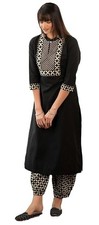 Yashika Women's 3/4 Sleeve Solid Black Color Kurti Pant Set, Cotton Blend