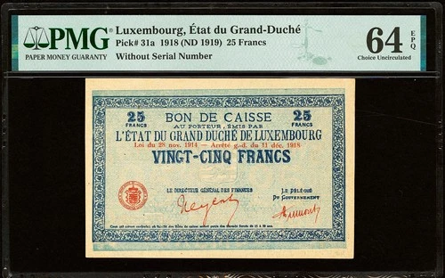 Luxembourg 25 Francs 1918 (ND 1919) Pick-31a CH UNC PMG 64 EPQ