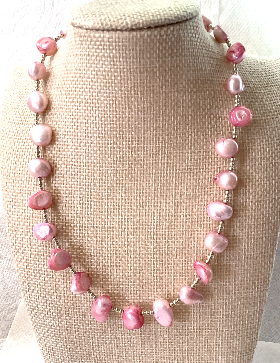Pink Dyed Freshwater Pearl Necklace Baroque Coin Pearls Silver
