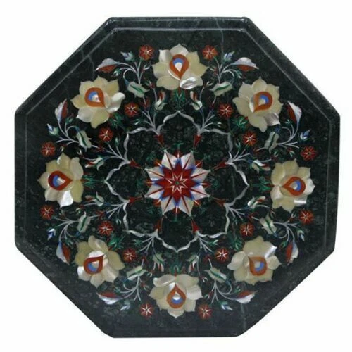 Mesa de centro central de mármol verde con incrustaciones de 12" decoración del hogar malaquita antigua Foto 3 de 4