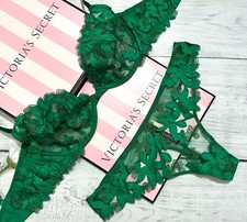 Victoria's Secret LUXE Unlined Floral Embroidered Demi Bra Thong Set Green Verde