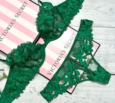 Victoria's Secret LUXE Unlined Floral Embroidered Demi Bra Thong Set Green Verde