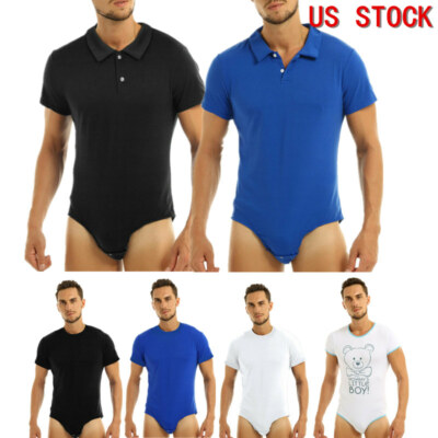 Mens Turn-down Collar Shirt Top Bodysuit Press Button Crotch Romper Pajamas