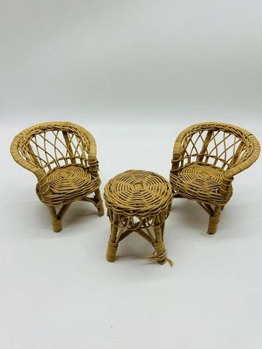 Vintage Barbie Doll Furniture Wicker Rattan Patio Set Sofa Chairs Table Lot of 3