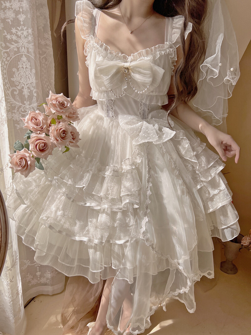 Japanese women Lolita ruffled jsk bow white suspender dress bridesmaid dress | eBay Japanese women Lolita ruffled jsk bow white suspender dress bridesmaid dress | eBay