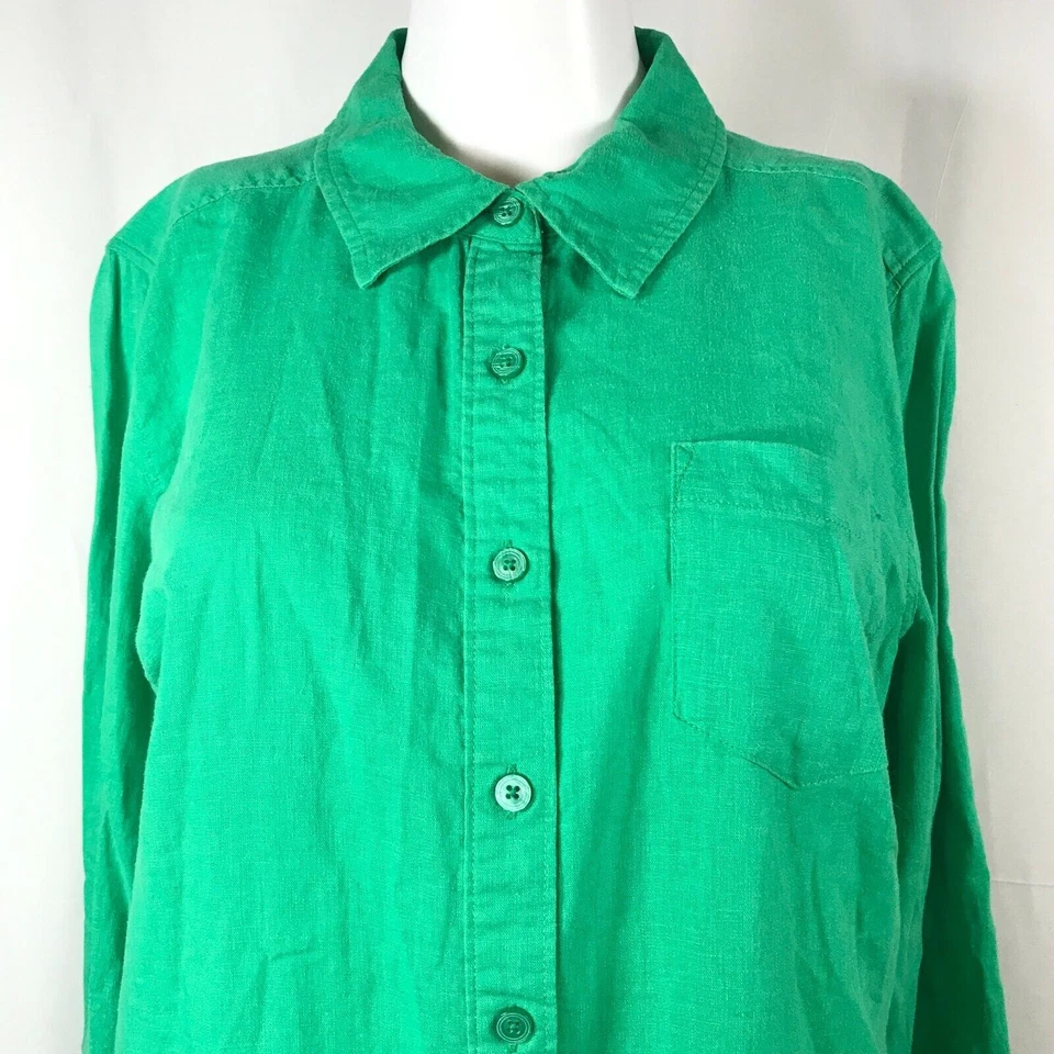 Denim & Co Shirt Womens Sz MP Petite Green Linen Blend Button Up Cuffed Sleeves - Imagem 2 de 4