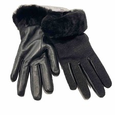 Women's UGG Black Fabric/Leather with Real Fur Cuff Shorty Gloves Size S/P