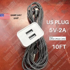 Dual Port USB Power Adapter Fast Charger 10FT Cable For iPhone 14 13 12 11 8 7 6