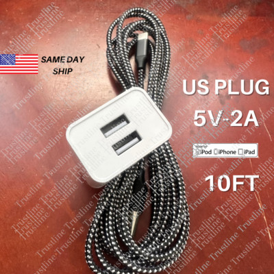 Dual Port USB Power Adapter Fast Charger 10FT Cable For iPhone 14 13 12 11 8 7 6