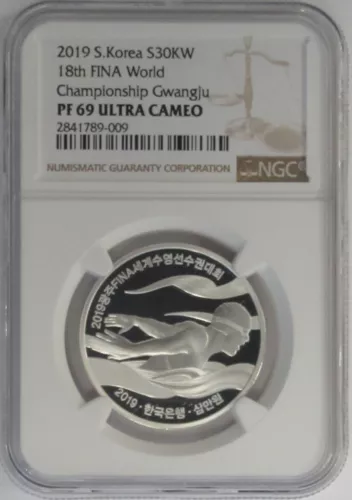 2019, South Korea FINA World Championship Gwangju 30,000 Won Silver NGC PF69