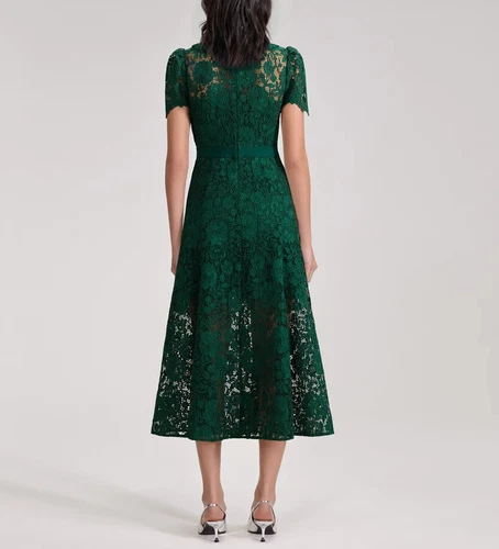 Vestido midi para mujer autorretrato de encaje manga corta calce y acampanado - Imagen 3 de 6