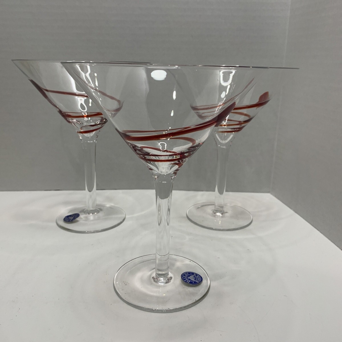 3 Pier 1 Red Swirl Glass Martini Cosmo Cocktail Glasses 7.25” x 6 