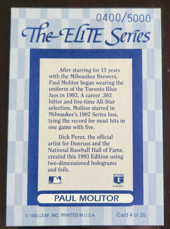 1993 Donruss The Elite Series #4 Paul Molitor  0400/5000 Jumbo Card - Image 2 of 2