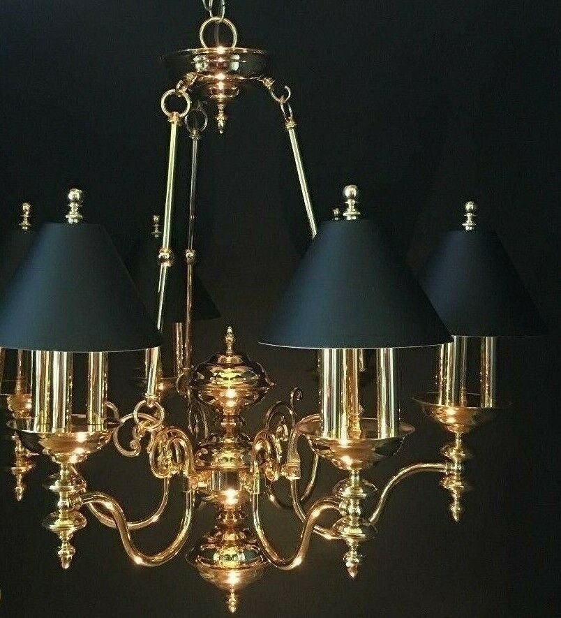 FRENCH EMPIRE BOUILLOTTE 18 LAMP BRASS CHANDELIER BLACK TOLE SHADES COLONIAL