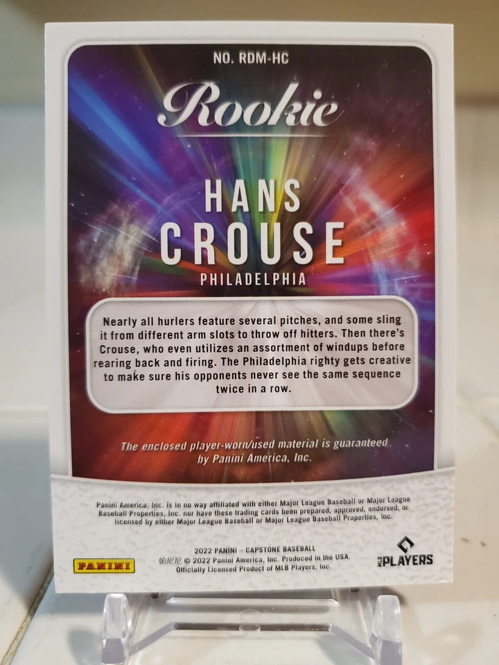Tarjeta parche camiseta 2022 Panini Capstone Hans Crouse usada en juegos novato reliquia ángeles Foto 2 de 2