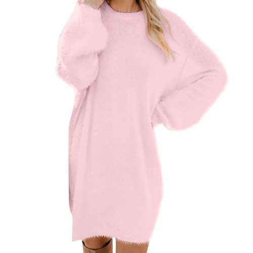 Womens Sweaters Casual Fuzzy Crewneck Long Sleeve Oversized Sweater Dress Loose - Picture 17 of 30