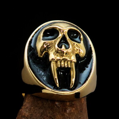 MENS BRASS COSTUME BIKER SIGNET RING LONG FANGS VAMPIRE SKULL BLACK SIZE 10