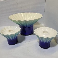 Set 3 - ROYAL HAEGER Candle Holders & Bowl - Ruffled Edge, Blue & White, R1816-S