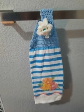 Crocheted Handmade Kitchen Hand Towel Topper On A Towel. White, Blue. Convenient