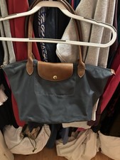 Longchamp Le Pliage Medium Tote Dark Blue Brown Leather Handles Gold Hardware